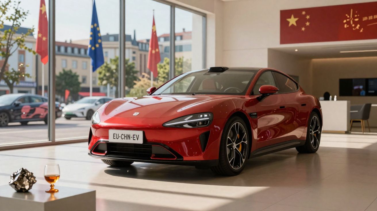 Carro esportivo elétrico vermelho em showroom com bandeiras da China e União Europeia ao fundo.