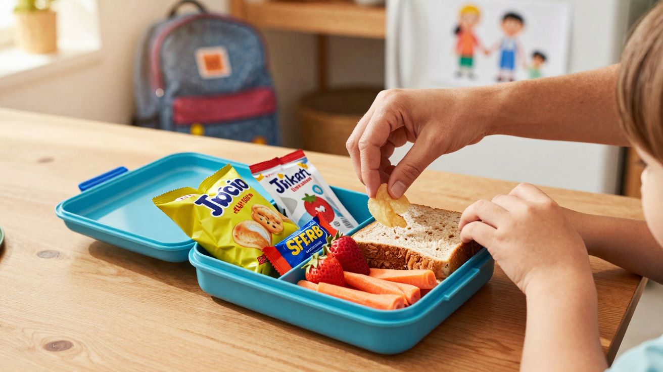 Mão infantil pegando salgadinho de lancheira azul com sanduíche, cenoura, morango e suco na mesa.