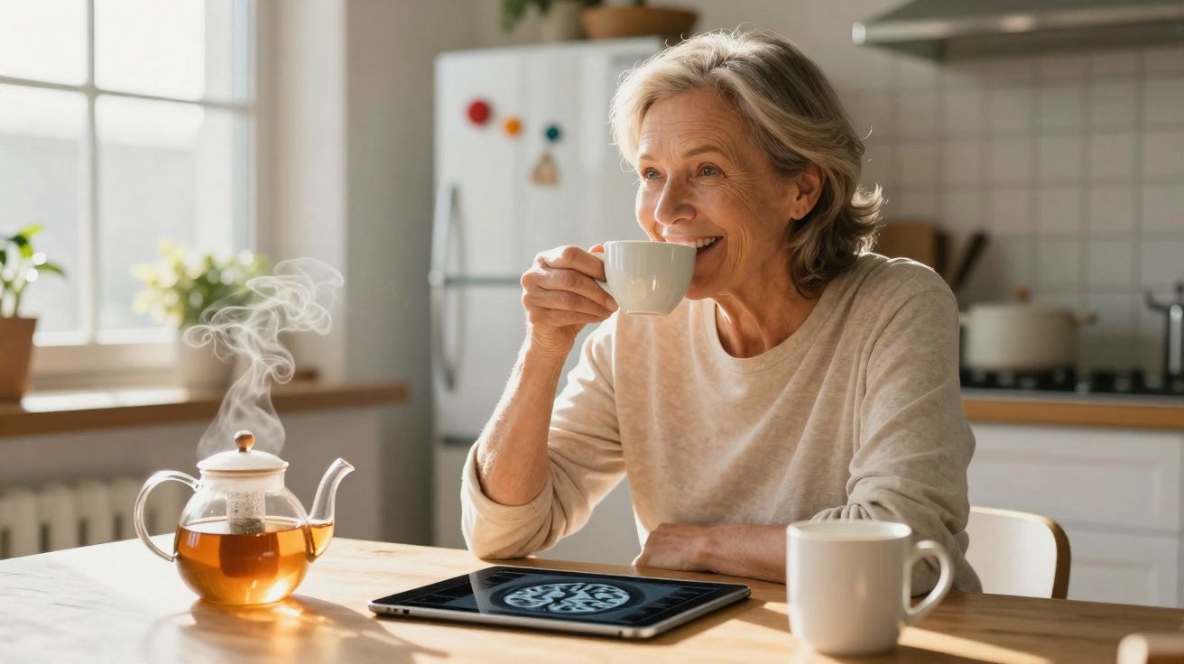 Mulher sorrindo tomando chá quente na cozinha, com jarra de vidro e tablet sobre a mesa.