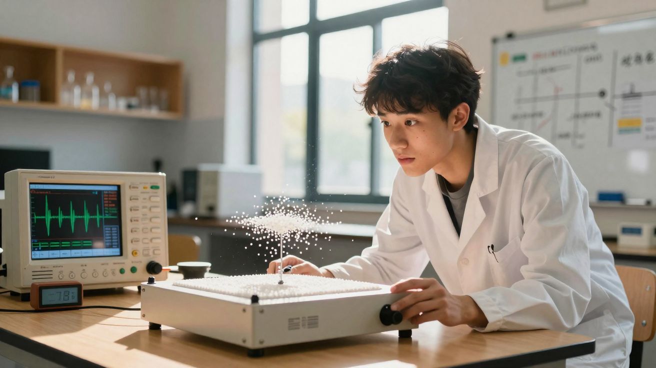 Jovem cientista observa experimento com partículas em mesa de laboratório iluminada por luz natural.