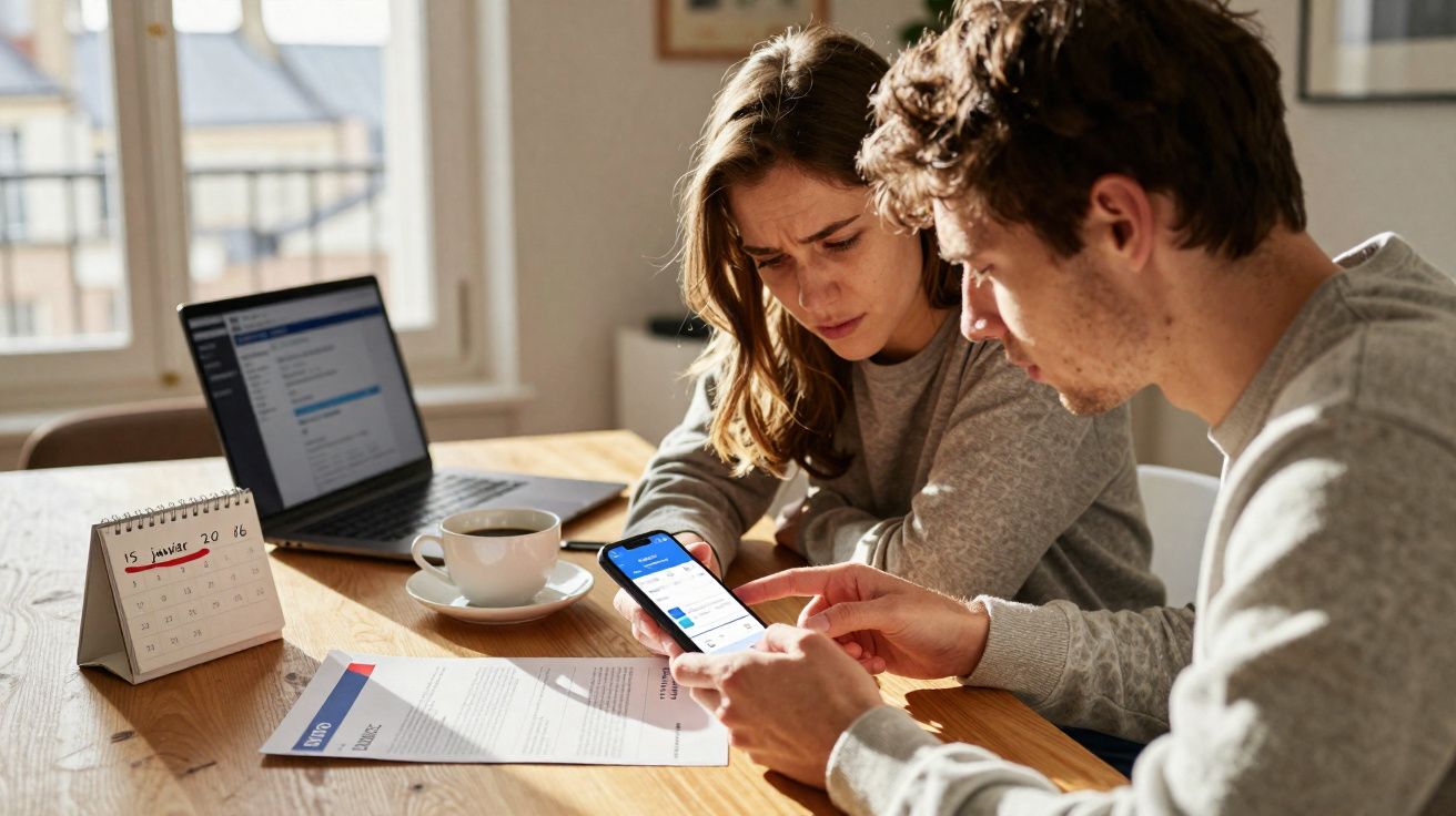 Casal jovem analisando documentos e smartphone em mesa com laptop, café e calendário em janeiro.