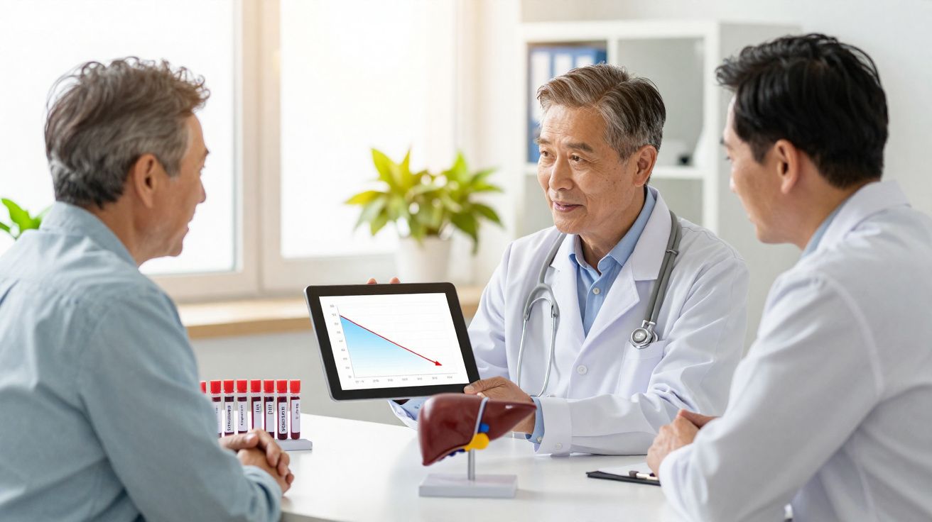 Médicos consultando paciente e mostrando gráfico em tablet, modelo anatômico de fígado na mesa.