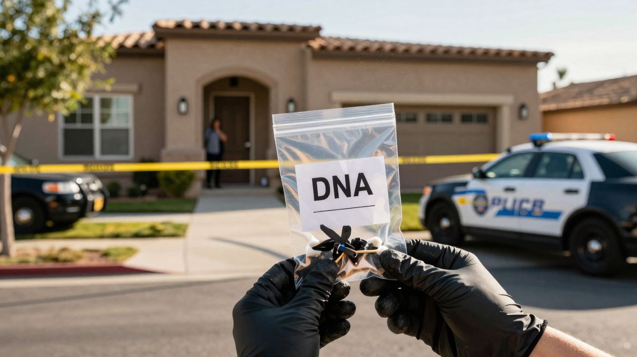 Pessoa com luvas negras segurando saco plástico rotulado DNA em cena de investigação policial em frente a casa.