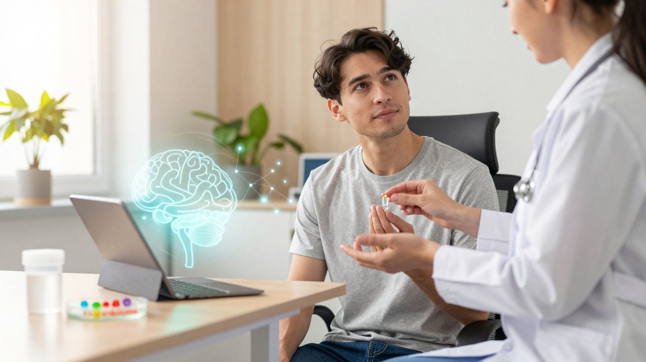 Homem sentado consulta médica com neurologista que mostra cápsulas com holograma de cérebro ao lado.