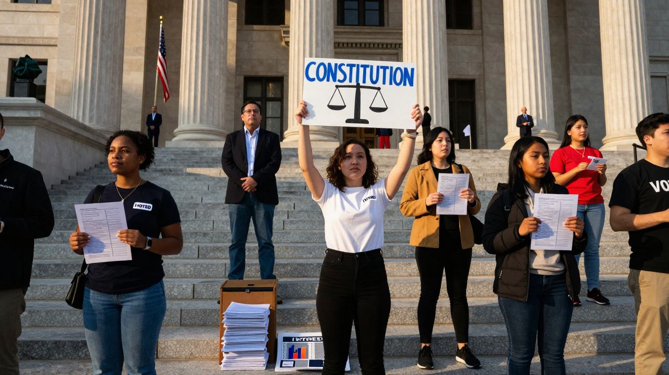 Pessoas em protesto nas escadarias de um prédio público segurando documentos e um cartaz escrito "Constitution".