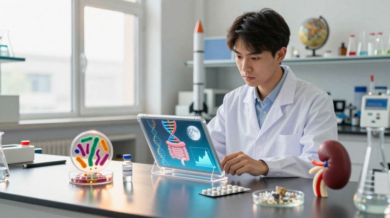 Jovem cientista em laboratório usando tablet transparente para analisar dados de DNA e órgãos humanos.