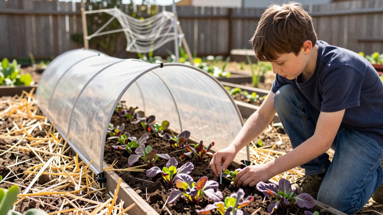 Menino cuidando de plantas em minhocário com mini estufa em jardim ao ar livre.