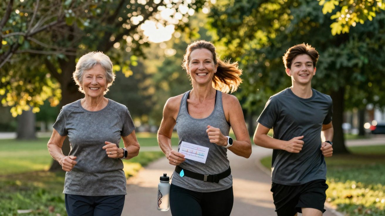 Três pessoas correndo felizes em parque ensolarado, com árvores ao redor e caminho de concreto.