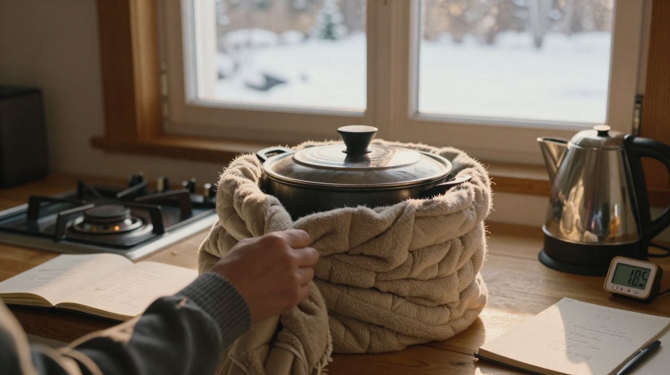 Pessoa envolvendo panela com tampa em cobertor em cozinha com janela mostrando paisagem nevada.