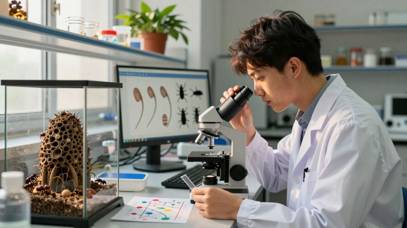 Jovem cientista observa amostra no microscópio, com tela exibindo desenhos de insetos ao fundo.