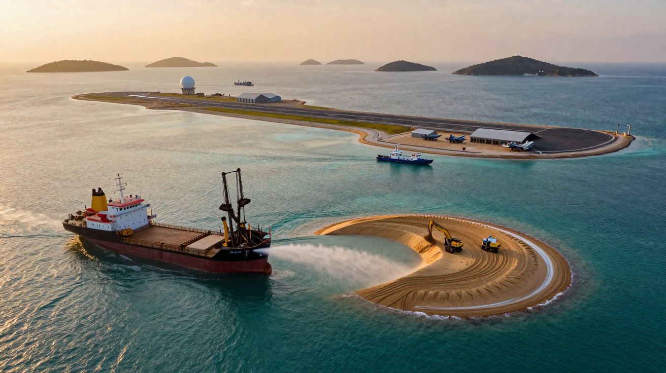 Navio despejando areia em ilha artificial próxima a um aeroporto em ilhas no mar durante o pôr do sol.