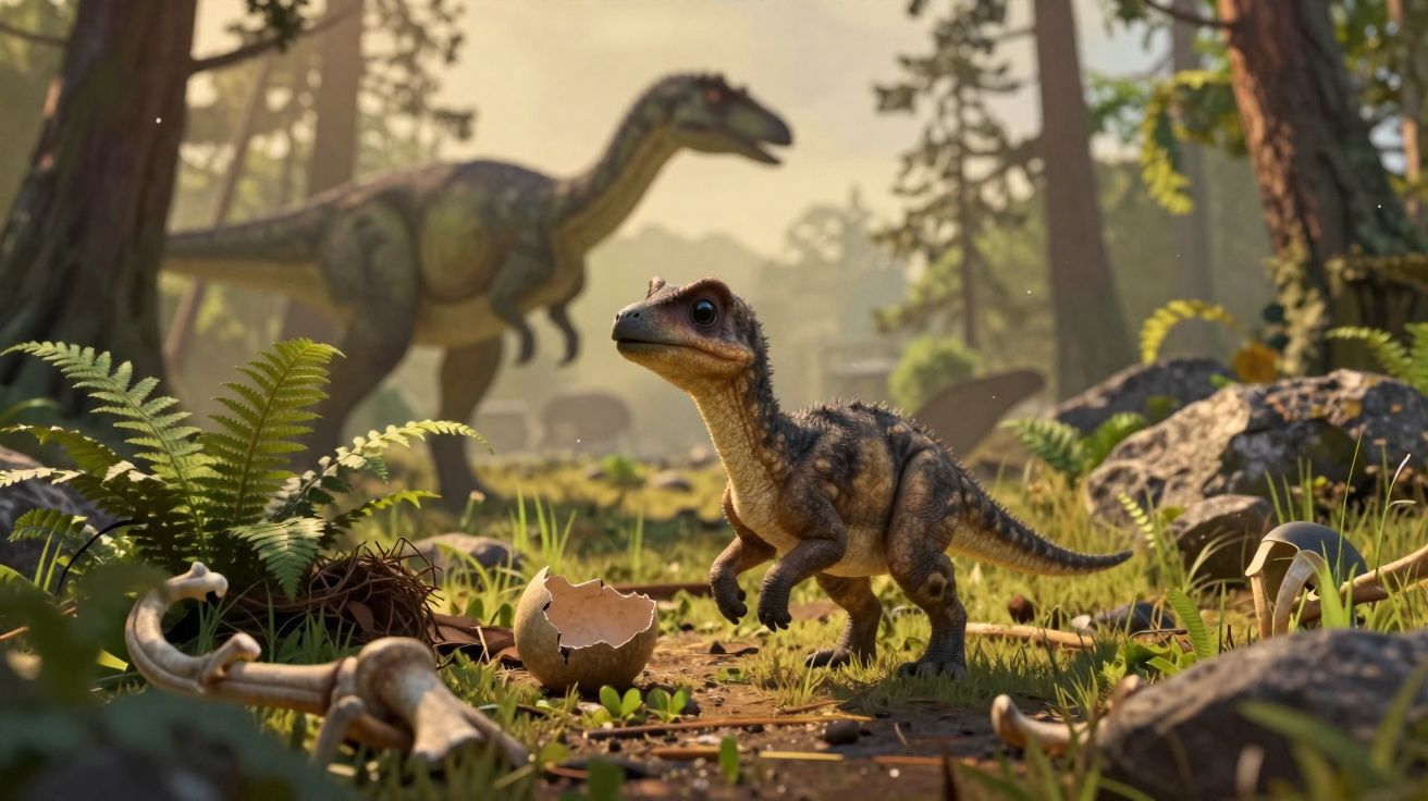 Filhote de dinossauro próximo a ovo quebrado em floresta com dinossauro adulto ao fundo.