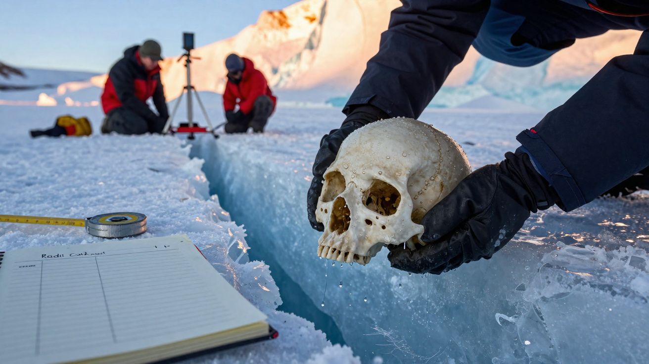 Pesquisadores seguram crânio humano em trincheira de gelo enquanto registram dados em caderno próximo.