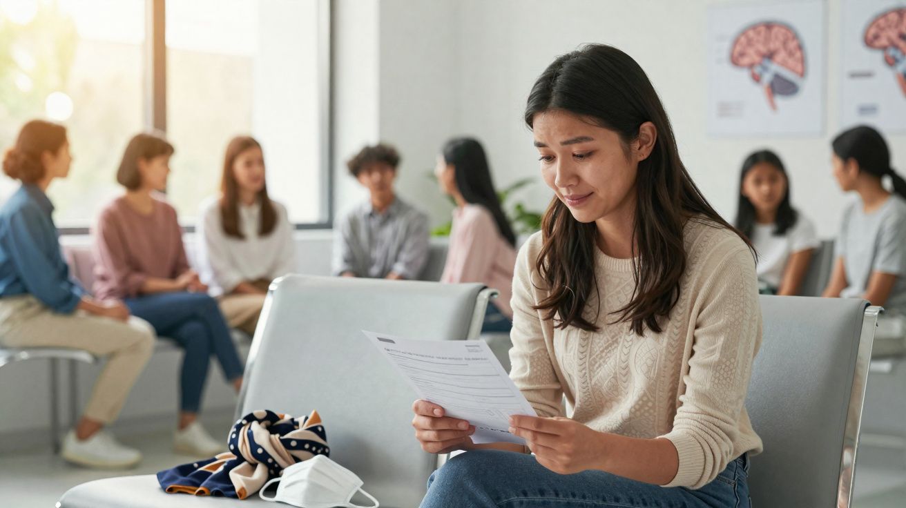 Mulher preocupada lendo documentos em sala de espera com grupo de pessoas ao fundo.