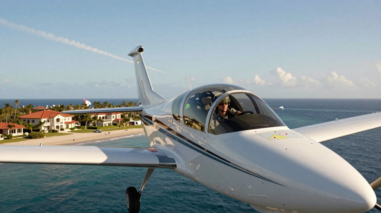 Avião pequeno branco voando sobre o oceano próximo a casas costeiras sob céu claro.