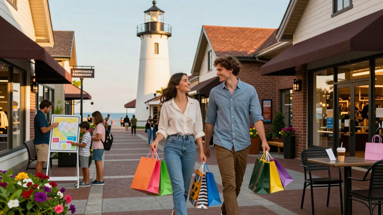 Casal caminhando sorridente com sacolas de compras em rua comercial com farol ao fundo.