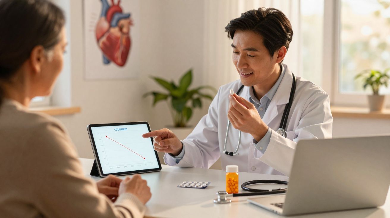 Médico mostra gráfico em tablet e segura remédio enquanto conversa com paciente em consultório.