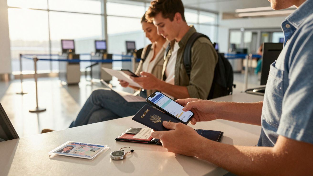 Pessoa segurando passaporte brasileiro e celular em balcão de check-in de aeroporto com fila e passageiros ao fundo.