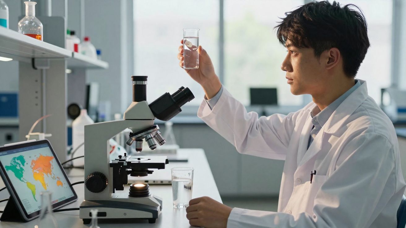 Cientista em laboratório analisando líquido em copo, com microscópio e tablet ao fundo.