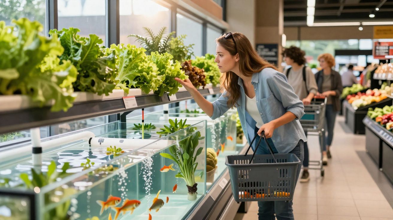 Mulher observando alfaces frescas em supermercado ao lado de aquário com peixes dourados.