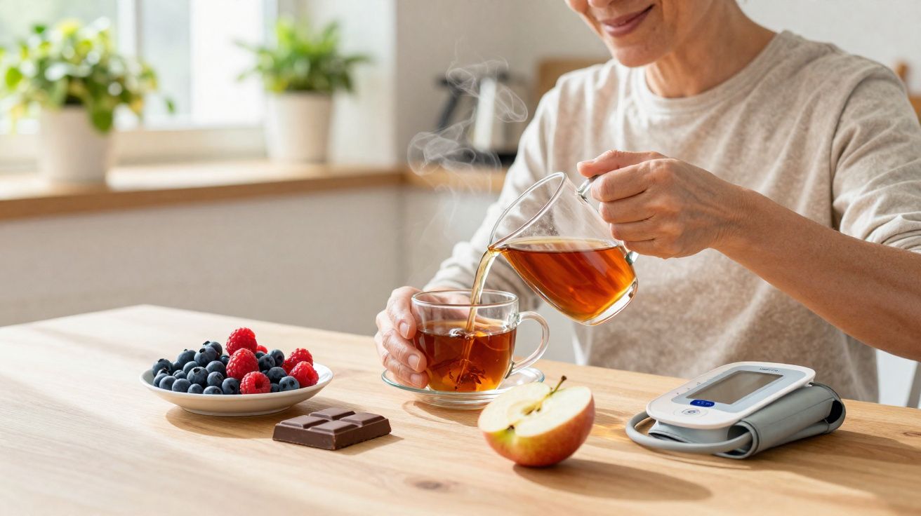 Pessoa servindo chá em xícara, com medidor de pressão, maçã, chocolate e frutas vermelhas sobre a mesa.