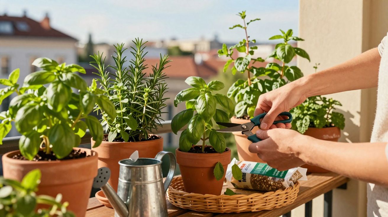 Mãos podando planta de manjericão em vasos com outras ervas aromáticas em varanda ensolarada.