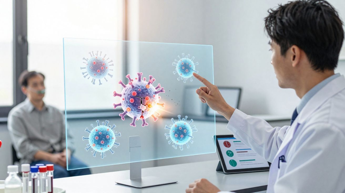 Médico analisando imagens digitais de vírus em tela transparente enquanto paciente aguarda em consultório.