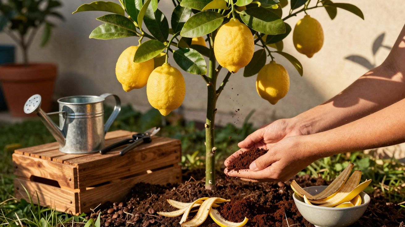 Pessoa cuidando de muda de limão, adicionando terra perto das raízes, com regador e tesoura ao lado.