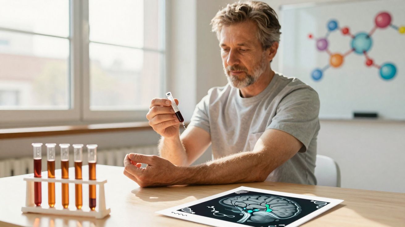 Homem analisando amostra de sangue com tubo de ensaio, mesa com exames e ilustração de cérebro.
