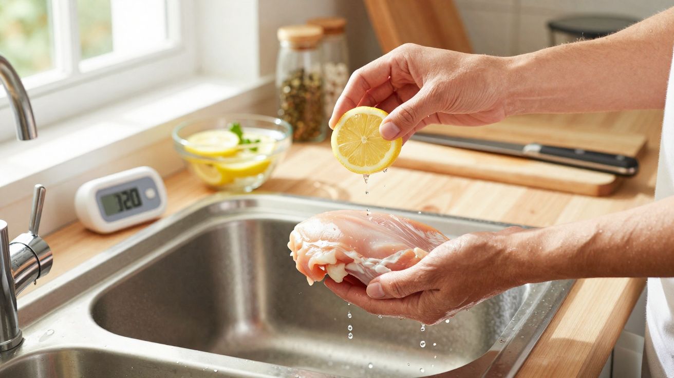 Pessoa espreme limão sobre peito de frango cru próximo à pia na cozinha.