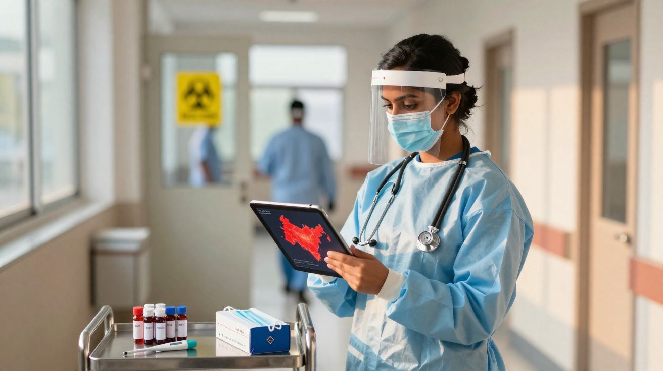 Profissional de saúde com máscara e face shield examina dados em tablet em hospital.