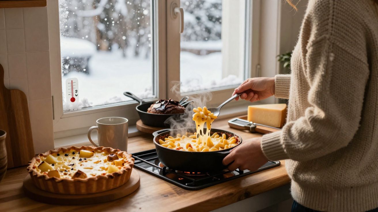 Pessoa mexendo macarrão quente na panela, com torta, bolo e xícara perto da janela com neve do lado de fora.