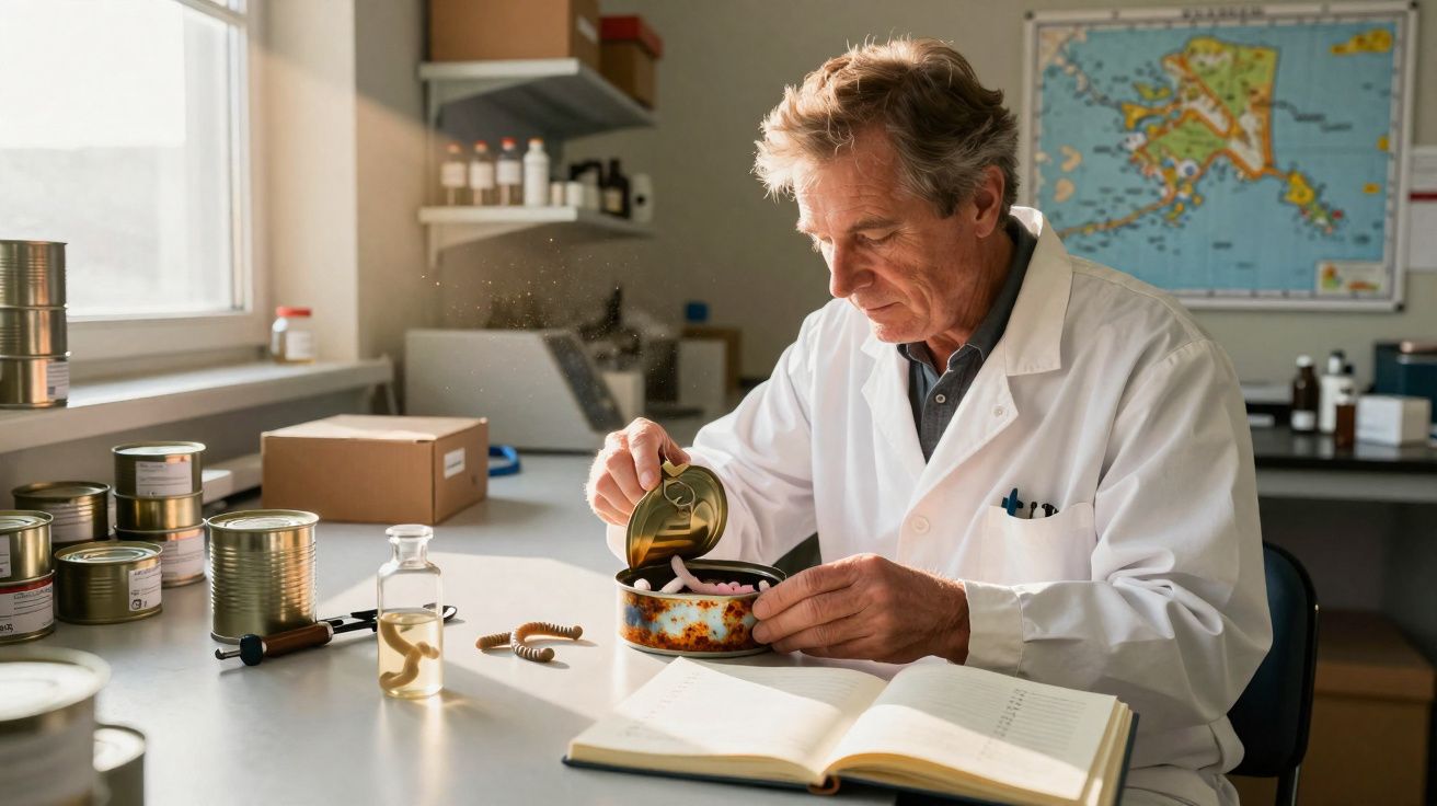 Homem de jaleco branco examina comida enlatada em um laboratório com livros e frascos ao redor.