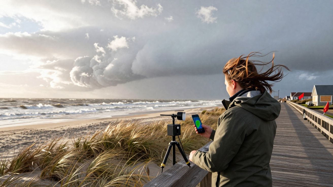 Pessoa com casaco verde usando aparelho para medir vento em praia com céu nublado e mar agitado.