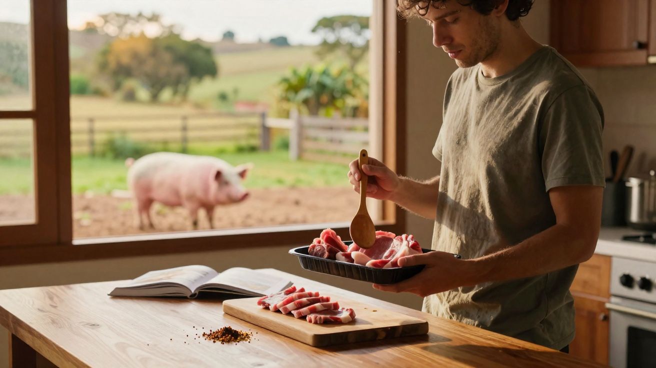 Homem temperando pedaços de carne em cozinha com porco olhando pela janela do campo.