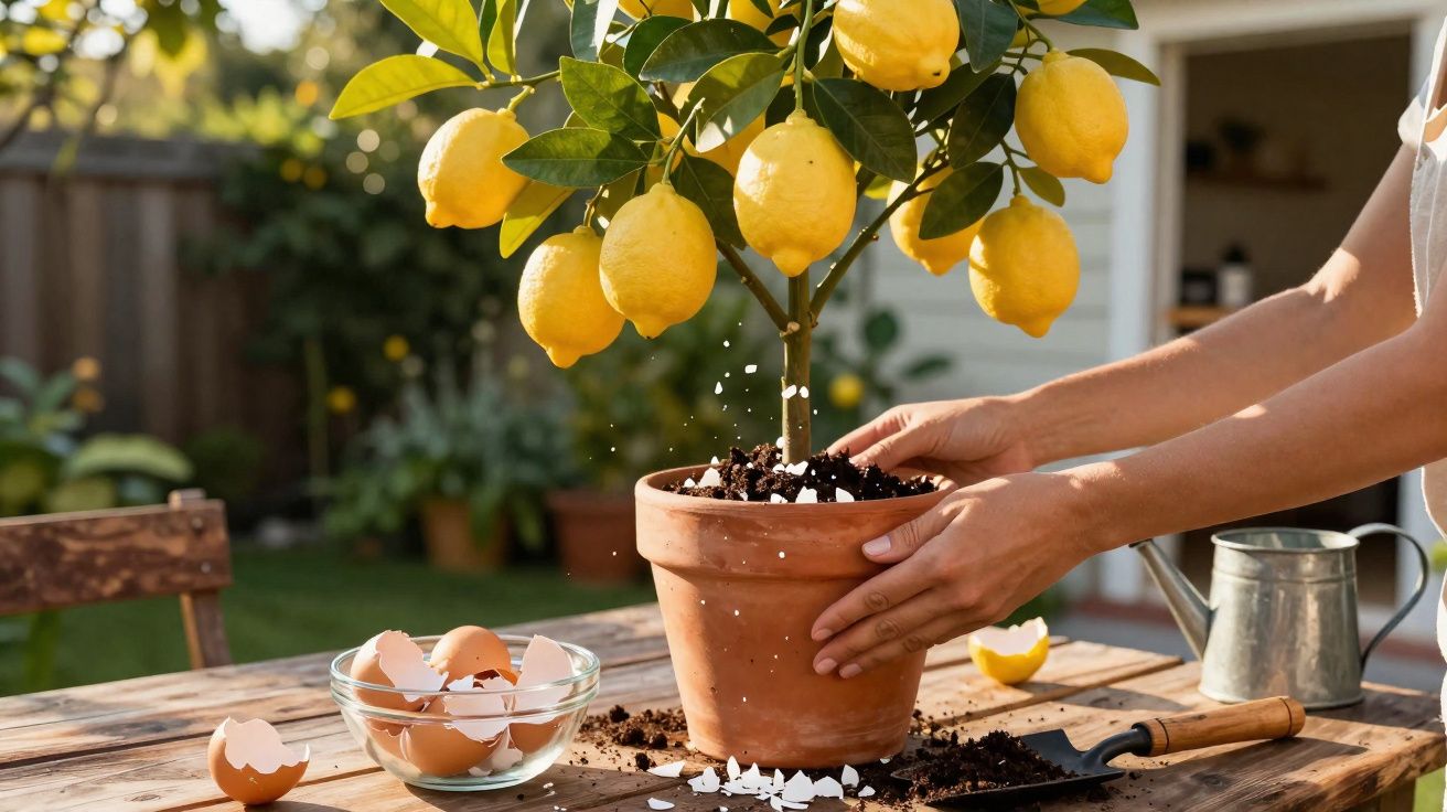 Pessoa adubando planta de limão em vaso de barro na mesa de madeira com cascas de ovos quebradas.