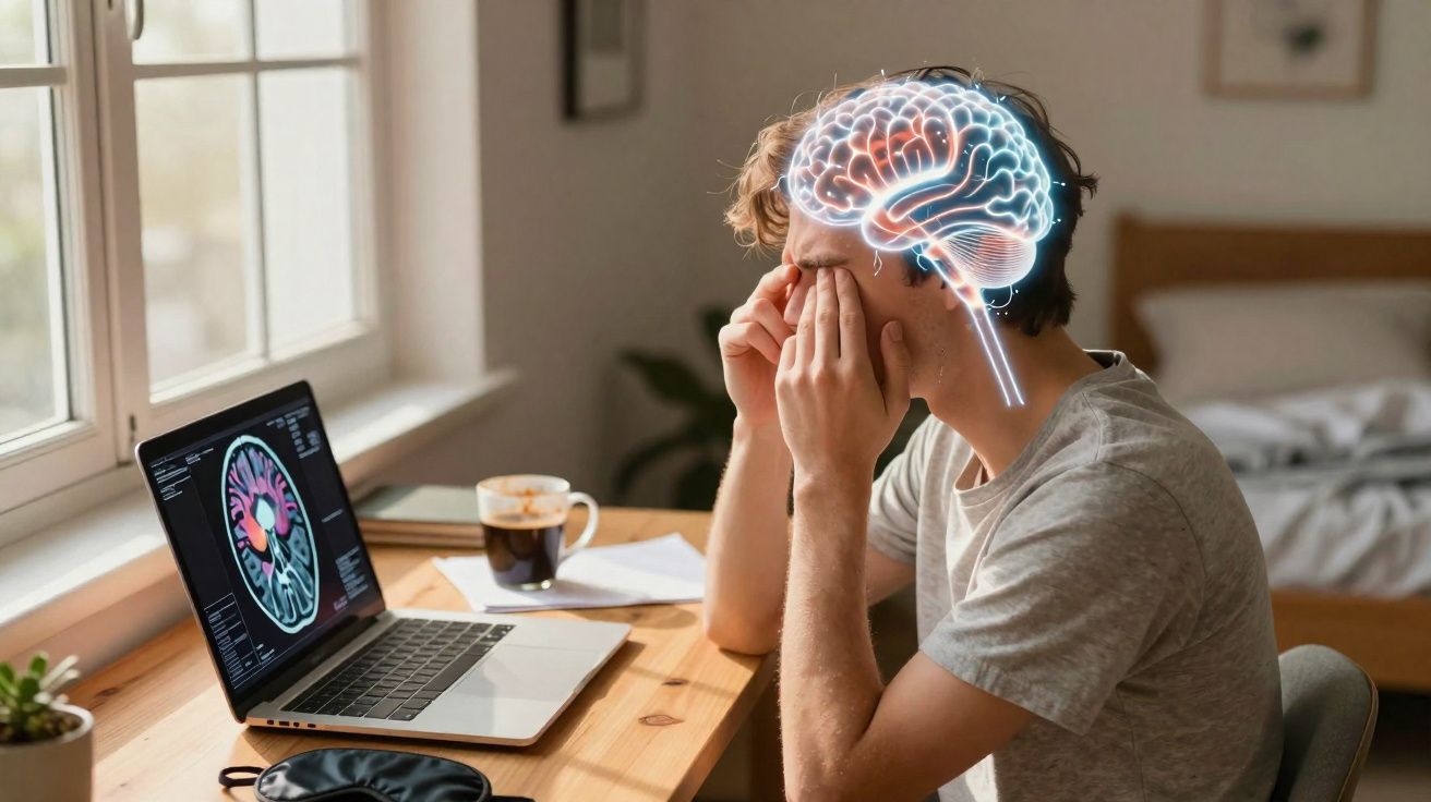Homem sentado com mãos na cabeça e ilustração de cérebro enquanto olha para exame cerebral no notebook.