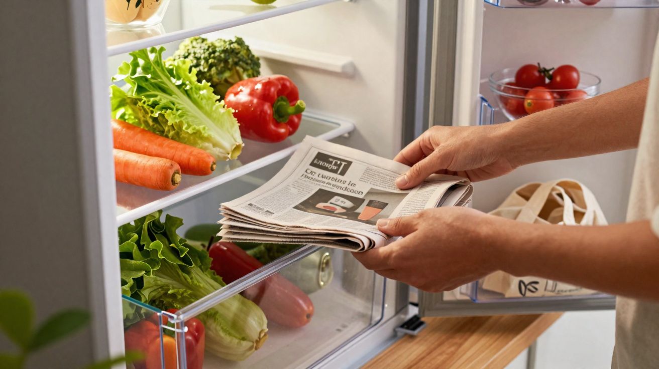 Mãos guardando jornal dentro de geladeira com legumes frescos, como alface, cenoura e pimentão.