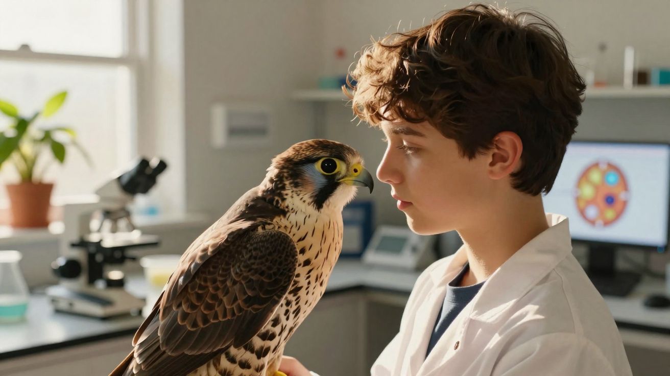 Garoto de jaleco branco olhando nos olhos de um falcão dentro de laboratório com microscópio.