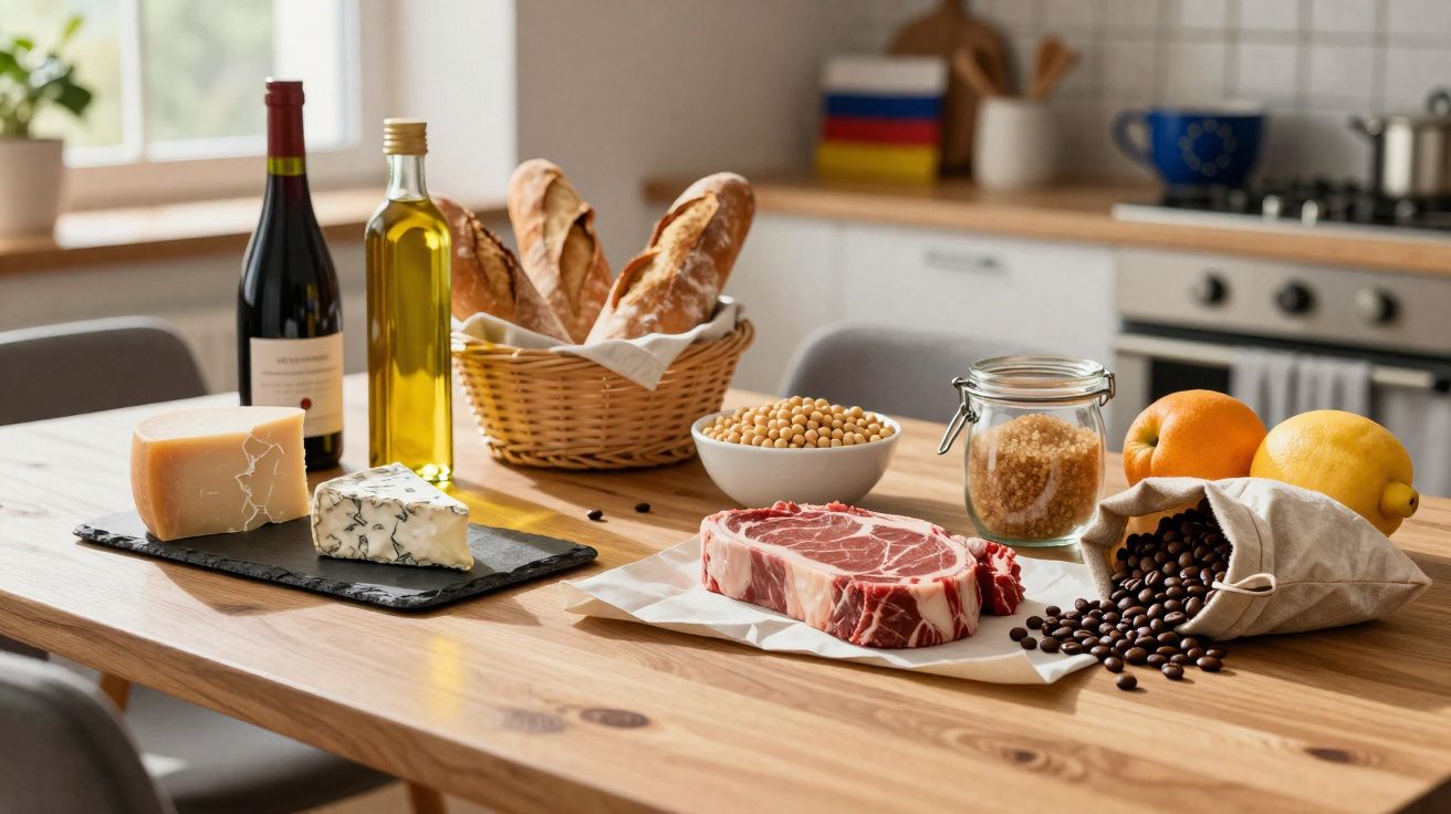 Mesa de cozinha com alimentos variados: pães, queijos, carne, grãos, café, azeite, vinho e frutas.