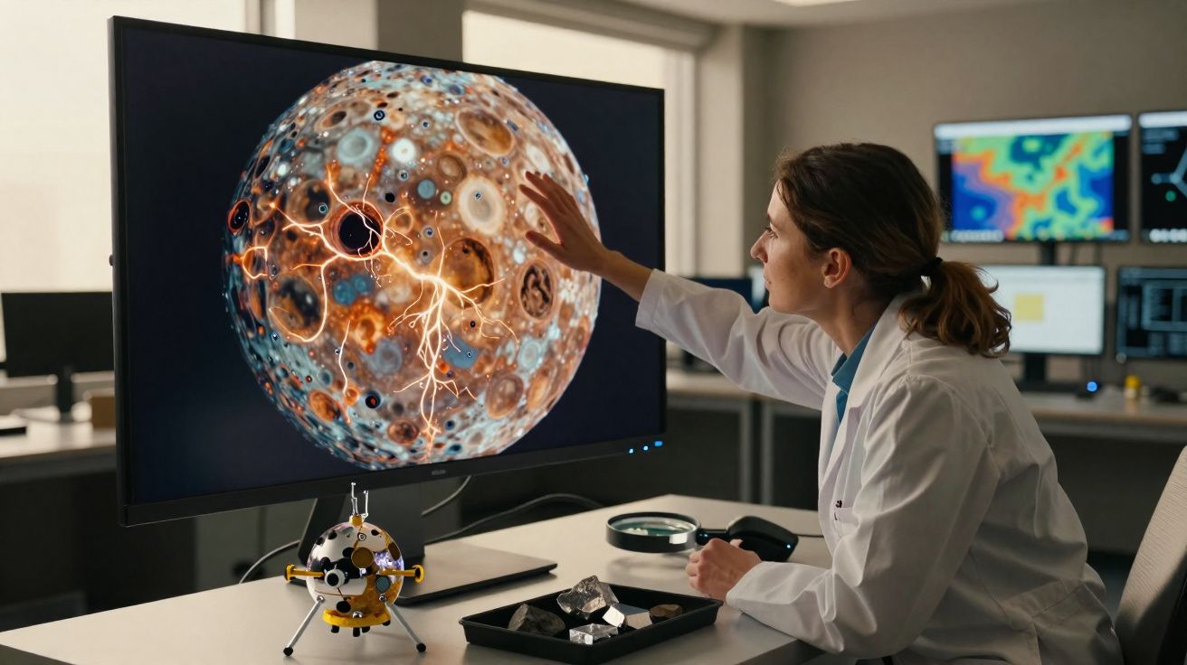 Cientista analisa imagem digital detalhada da superfície da lua em monitor de laboratório moderno.