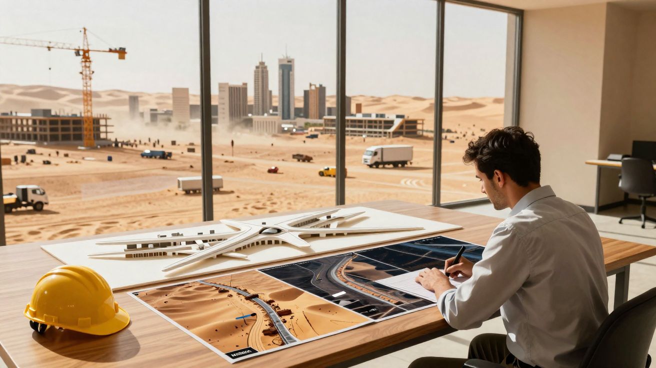 Homem trabalhando em escritório com maquete e fotos de projeto de construção no deserto ao fundo.