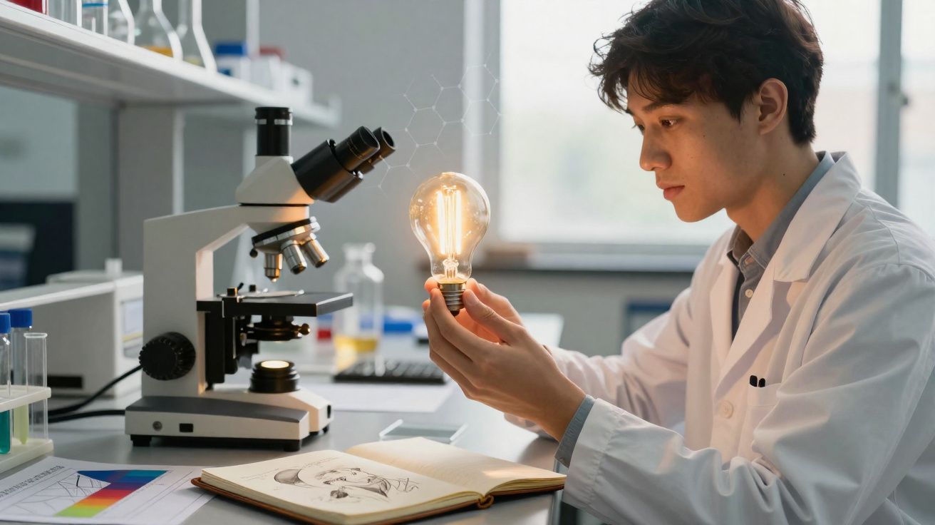 Jovem cientista em jaleco segurando lâmpada acesa em laboratório com microscópio e caderno aberto.