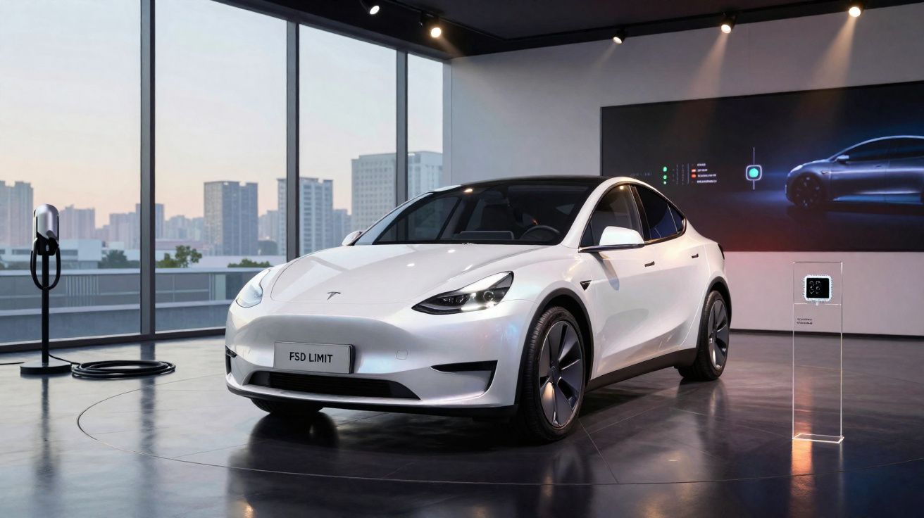 Carro elétrico branco Tesla Model Y em showroom moderno com janela grande e painel digital ao fundo.