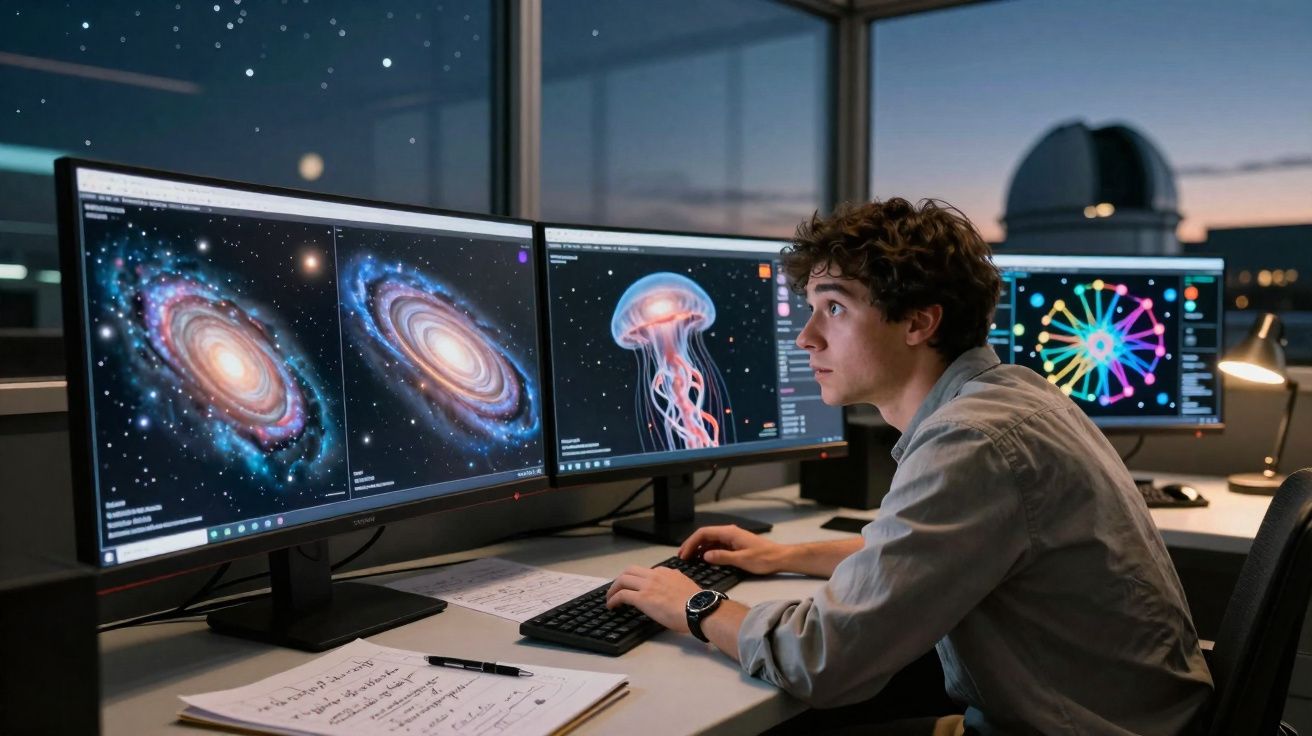 Jovem analisa imagens de galáxias e medusas em monitores em ambiente de observatório astronômico.
