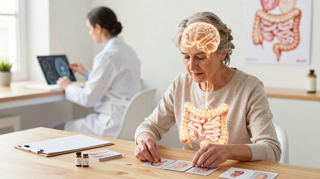 Mulher idosa fazendo exercício mental com médico ao fundo e ilustração do cérebro e intestinos.