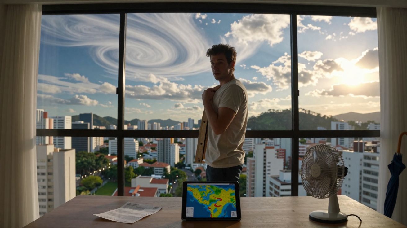 Jovem olhando pela janela de apartamento com vista para cidade ao pôr do sol e céu com nuvens em redemoinho.