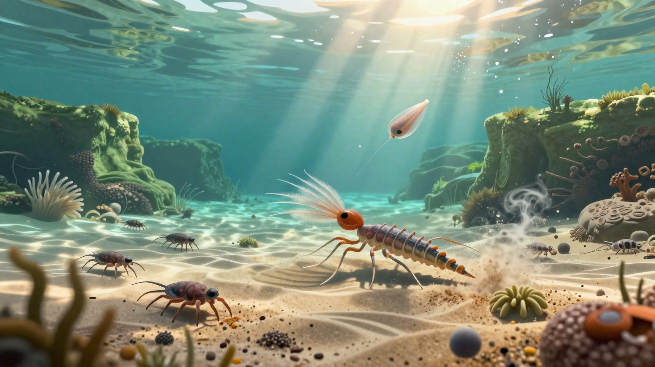 Ambiente marinho raso com pequenos animais marinhos e feixes de luz solar iluminando o fundo arenoso.