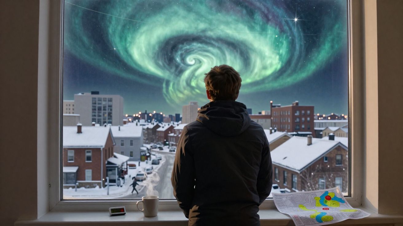 Pessoa olhando pela janela para a aurora boreal sobre uma cidade coberta de neve à noite.