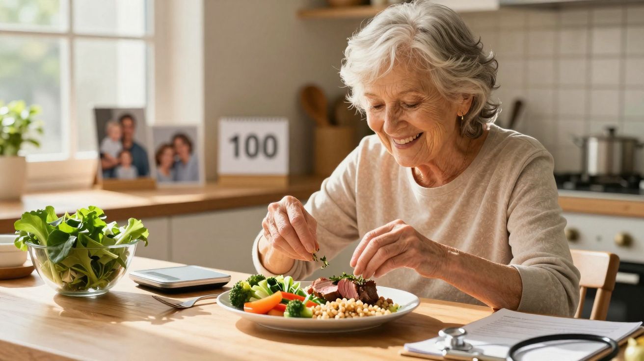 Idosa preparando prato saudável com legumes e grãos sentada à mesa na cozinha iluminada.